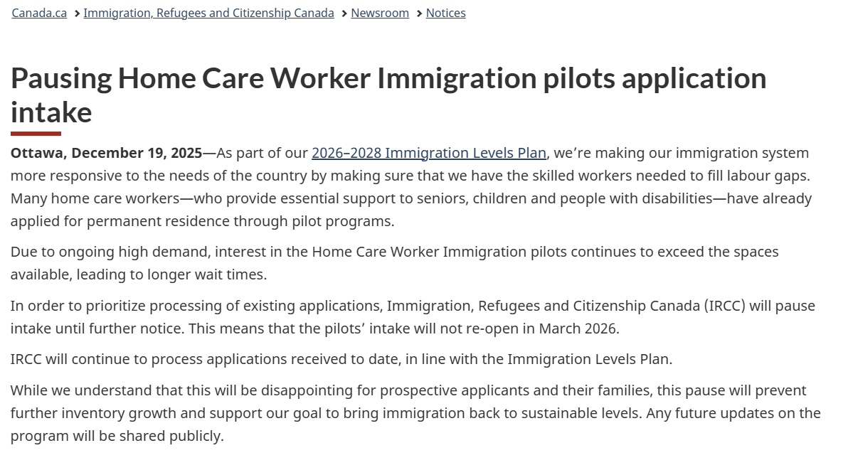 Image of the announcement from CIRC about pausing the home care worker pilot program